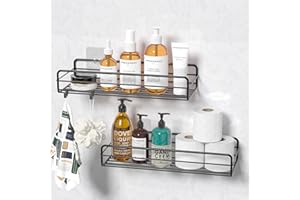 JYSDCXC Samoprzylepna półka prysznicowa bez wiercenia, 2 szt. – oszczędzający miejsce regał prysznicowy, z matowego metalu, stal nierdzewna, z haczykami, do łazienki i kuchni, czarny, do zawieszenia