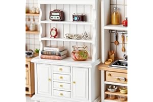 Minamzee 1/12 Dollhouse Cabinet Set, 11Pcs Dollhouse Miniature Wooden Bookshelf with Accessories (Alarm Clock, Fish Tank, Books, Coffee Cups) for Living Room,Dining Room,Study and Other Scenes