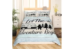 Homewish Camper Bettwäsche Sets 135 x 200 cm Happy Camping Bettbezug bunt gestreifter Bettbezug Bär Wald Abenteuer Bettwäsche Set Vintage Bauernhaus Dekor Bettbezug für Kinder Jungen Mädchen 2 teilig