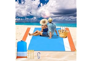 Laufunjoy Tapis de Plage Imperméable, Tapis de Plage 200 x 210cm Grande Couverture de Plage Imperméable Anti-Sable avec 4 Piquets pour Plage Voyage Camping Randonnée Pique-Nique Vacances