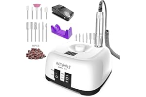 Nail Drill 35,000RPM NAILGIRLS Electric Nail Files Professional Acrylic Nails Gel Nails Manicure Pedicure Polishing Machine for Home and Salon Use with 11 Bits,Foot Pedal,White