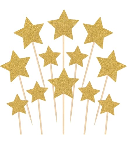 50 Stück Goldene Stern-Cupcake-Topper – Glitzernde Muffin-Deko Für Hochzeit, Geburtstag & Weihnachten – Mit Holzstiel, 12 Cm Lang