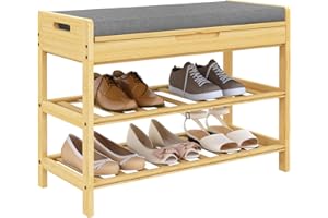 WOLTU Shoe Bench Bamboo Shoe Storage Bench with Seat Cushion, Shoe Rack with 2 Shelves, Hidden Compartment, Shoe Organiser Hallway Storage Unit, Shoe Shelf for Bedroom, Living Room SRX32bmg