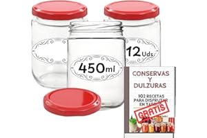 AWIKU 12 Tarros de Cristal de 450 ml con Tapas a Cuadros + 12 Tapas Rojas Extra + Ebook 102 Recetas para Conservas - Frascos Herméticos para todo tipo de Alimentos – Incluye Etiquetas