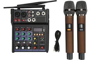 Marhynchus Metal Stereo Mixer 4-kanals DSP Digital Effector Dual L Band Equalizer USB MP3-spelare med 2 Trådlösa Mikrofoner för Hemmakaraoke Live Streaming-konferenser