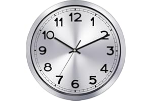 Plumeet Small Wall Clock, 10 Inch Battery Operated Wall Clock with Silver Aluminum Frame, Non Ticking Silent Metal Wall Clocks Decorative Kitchen Living Room Bedroom