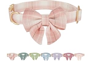 Petiry Tartan Dog Collar with Detachable Sailor Bowtie,Soft Small Dog Plaid Collars for Female Dog Neck 25-38cm,Plaid Pink