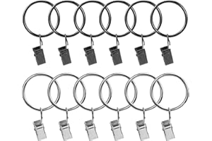 Acooruiteng Curtain Rings with Clips - Metal Decorative Pole Rings, 32mm Inside Diameter; Shower Curtain Hooks with Clips for Drapery Windows - Black, Silver; 12Pcs