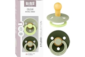 BIBS Colour Studio Ciuccio confezione da 2 pezzi. Privo di BPA, Tettarella tonda. Lattice di gomma naturale, Prodotto in Danimarca, Taglia 1 (0-6 mesi) - Sage/Huntergreen