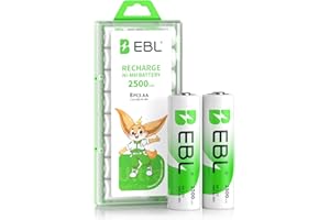 EBL Rechargeable AA Batteries High Performance 2500mAh AA 1.2V Ni-Mh Rechargebale Batteries Pack of 8 with Storage Case