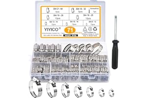 YIYICO Zestaw regulowanych zacisków do węża, ze stali nierdzewnej 304, 71 szt., zestaw opasek 6-44 mm, 7 rozmiarów z śrubokrętem, do domu, gazu, rury wodnej, stawu, ogrodu