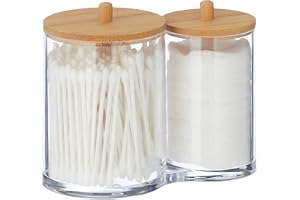 Relaxdays bomullspinnbehållare, plast, med bambulock, organiserare för bomullspads och bomullspinnar, transparent/natur