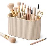 GORESE Makeup Organizer, Makeup Brush Holder PU Leather Cosmetic Organizer with 2 Slots, Storage Makeup Desk Organizer for Dr