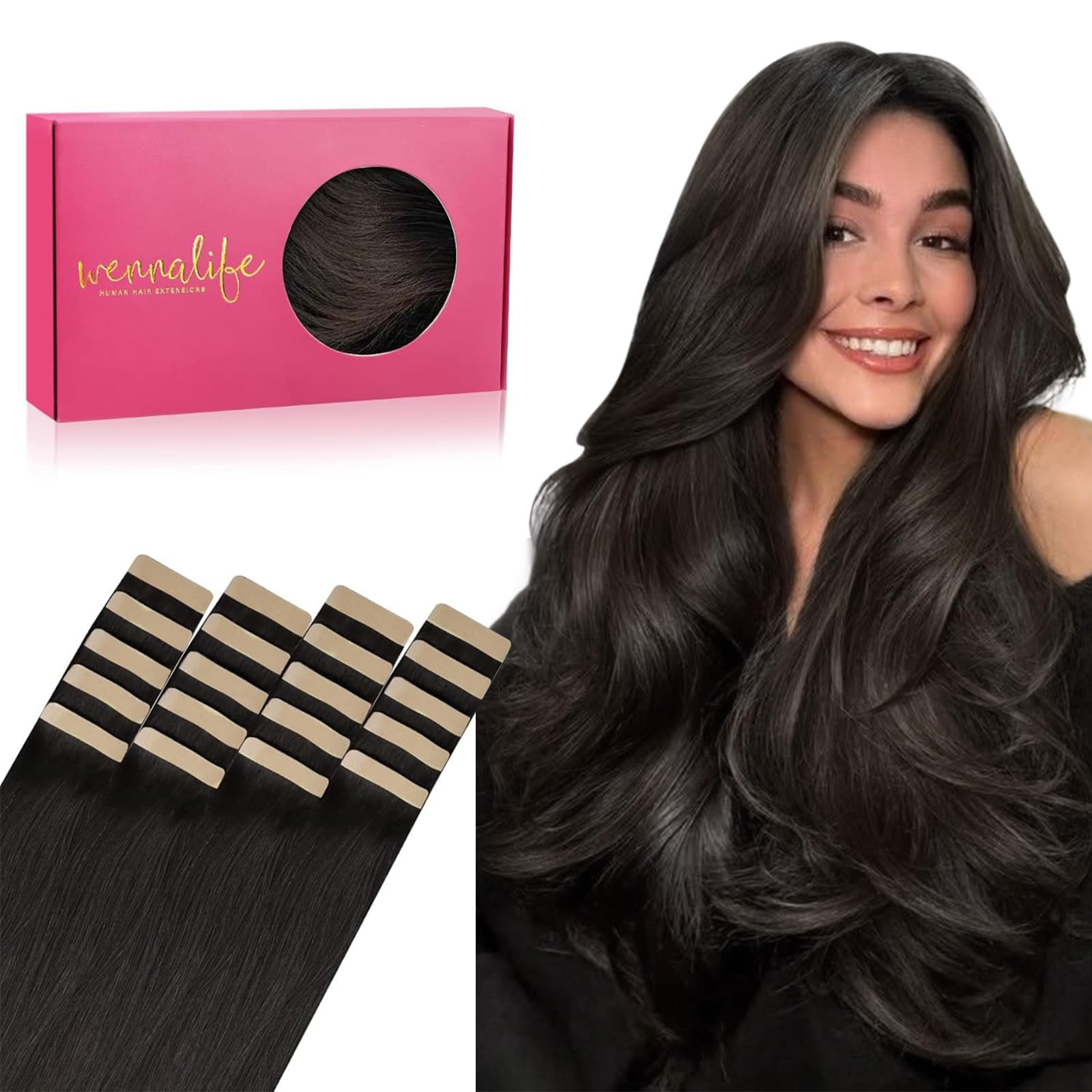 WENNALIFE Tape in Hair Extensions - 20pcs 14 Inch 50g Dark Brown Remy Human Hair - Coloured Real Tape Extensions - 1