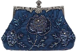 CORIOS Vintage 1920s Perline Borsetta da Sera Pochette con Floreale Donna Clutch con Paillettes Retro Borsa a Spalla Borsa a Tracolla Elegante Borse Messenger per Festa Cocktail Ballo Blu
