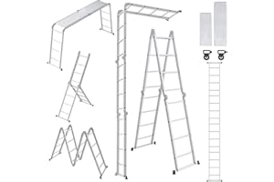 UISEBRT Scala multiuso 4 x 4 in alluminio con piattaforma, 6 in 1, 470 cm, scala pieghevole in alluminio, scala multiuso, fino a 150 kg, colore: argento