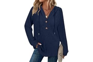 SYPHIBY Hoodies for Women Ladies Jumpers Long Sleeve Tops Drawstring Button V Neck Casual Pullover Sweatshirt Spring Autumn Winter Tunic Clothes