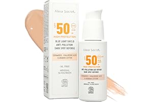 ALMA SECRET | Protector Solar Facial con Color SPF50 - Todo Tipo de Pieles Claras - Crema Hidratante Antiedad, Antimanchas y Oil-Free - Vegano - Ceramidas, Ácido Hialurónico - Sand - 50 ml