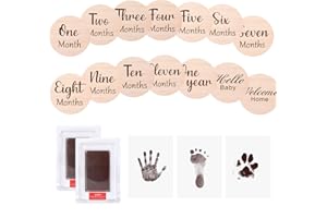 HYZEVEE 13Pcs Wooden Baby Monthly Milestone Marker Discs | Baby Handprint and Footprint Kit 2 Pack | Hand and Footprint Kit | Double Sided Baby Milestone Cards, New Parents Gift Set, Brown
