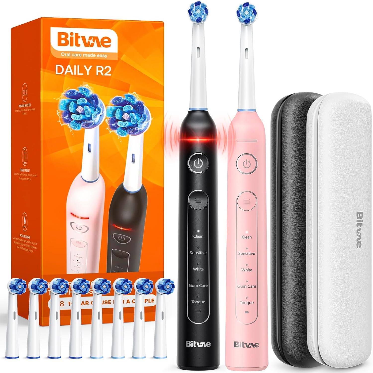 Bitvae Cepillo de Dientes Eléctrico Giratorio, 2 Paquetes para Adultos con Sensor de Presión, Regalos para Hombres Y mujeres, 5 Modos de Cepillo de Dientes Recargable con 8 Cabezales de Cepillo, Negro