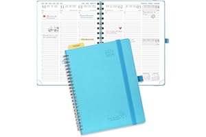 POPRUN Agenda 2025 Semana Vista 22 x 16,5 cm, Semanal 17 Meses de Ago.2024 a Dic.2025, Planificador en Espiral, Tapa Blanda, 80 GSM Papel, Azul Verde