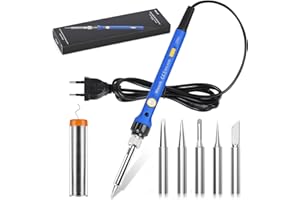 Lötkolben, Wiecok Lötkolben Set 60W 220V mit Temperatur Einstellbar 220-480℃, EIN/AUS Schalter, Betriebsanzeige, 5 Lötspitzen, Lötkolben aus Zinn für Elektrotechnik Reparaturen Profi Hobbybastler