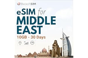 BeachSIM Naher Osten eSIM 30 Tage. 10 GB Datenvolumen mit 4G/5G-Netzen. Kostenloses Roaming in Bahrain, Ägypten, Kuwait, Oman und Pakistan. Nur-Daten-SIM.