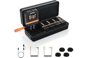 comica Vimo Q Wireless Lavalier Microphone System with 4 Transmitters and 1 Receiver, 4 Audio Tracks Output, Noise Cancellation, 656'(200M) Range, Lav Mic for DSLR Camera, iPhone, Android, PC(Black)