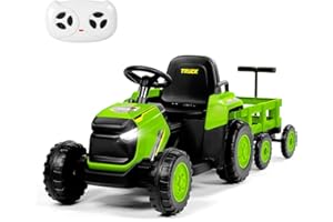 H.yeed Kids Ride on Tractor and Trailer Aged 3-6, 12V Battery Powered Electric Toy Car with Remote Control, Bluetooth Music, LED Lights & USB for Boys, Girls (Green)
