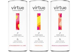 Virtue Clean Energy Mixed Pack - 12 x Yerba Mate Natural Energy Drinks - Sugar Free, Zero Calories, Vegan (12 x 250ml) [Strawberry & Lime, Tropical, Peach & Raspberry]