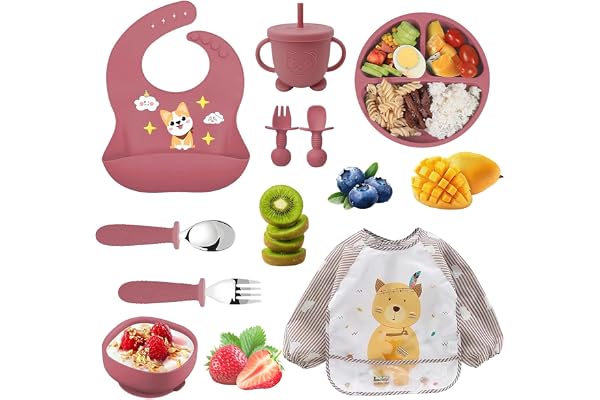 Ensemble repas bébé 9 pièces – Assiette et bol ventouse silicone, couverts, tasse d’apprentissage, bavoir & tablier manches longues – Set DME diversification alimentaire – anti-renversement, lave-vais