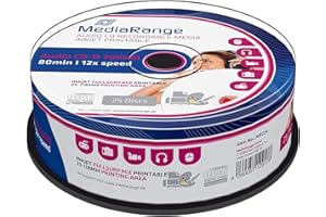 NATUREINKS 25 Mediarange Blank Inkjet Audio Printable CD-R Discs 12x 700MB 80 Minutes CD in Spindle pack MR224