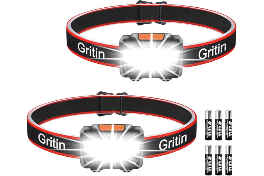 Gritin LED Head Torch, [2 Pack] Super Bright Headlamp Headlight with 3 Modes, Waterproof, Battery Powered LED Lightweight for Camping, Outdoors, Emergency, Running [6 AAA Batteries Included]