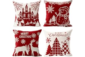 Gspirit 4 Pack Cuscini Divano Pupazzo di Neve di Natale Alce Cotone Biancheria Decorativo Copricuscini Divano 45x45 cm