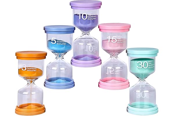 5-pack Timglas set – Kökstimer tidshanteringsverktyg 3/5/10/15/30 min – Sandglas för barn tandborstning, arbete, träning, fes