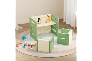 Benarita Set tavolo e sedia per bambini Tavolo multifunzionale per attività e studio in plastica per bambini con 2 sgabelli Scrivania e sedie per bambini （Grigio Verde