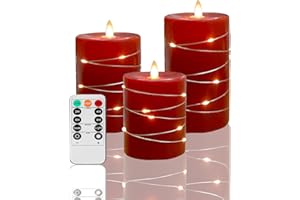 Fanzir Candela Rossa Senza Fiamma con Stringa LED - Set di 3 Candela Cilindriche 10cm, 12.5cm e 15cm con Telecomando