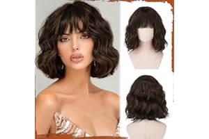 Sofeiyan Perruque Courte Ondulée 30 cm avec Frange, Cheveux Synthétiques Surbrillance Marron pour Femme Résistante à la Chaleur Naturel Bouclée pour Usage Quotidien et Cosplay