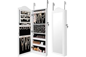 Ezigoo Mirror Jewelry Cabinet,Wall Mounted&Door Hanging Mirror with Storage,White Full Length Mirror with Storage for Home Deco(17" Wx42 H