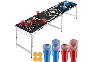 tectake® Beerpong Bord, Hopfällbar och Höjdjusterbar med Bärhandtag, Festbord, Beerpong Set, Fällbord, Rostsäker Aluminiumram, Fällfunktion, Lätt att Rengöra, Inkluderar Muggar och Bollar