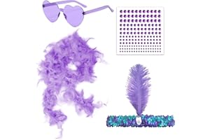GWAWG Boa à Plumes, Lunettes de Soleil Sans Monture en Forme de Cœur, Strass pour le Visage et Bandeau pour Cheveux, Artisanat Boa à Plumes Moelleux, Convient pour Halloween, Noël, Cosplay