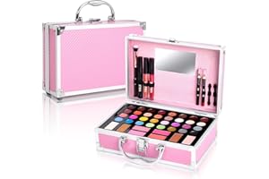 YBUETE Beginner Makeup Kit for Teens, Makeup Gift Set for Girls Women, Beginner Makeup Kit with Cosmetic Train Case Included 32 Colours Eyeshadow Blusher Contour Lip Gloss Lip Liner Mascara Eyeliner