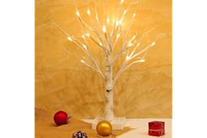 OBELON Pre-lited Birch Trees White Christmas Trees with 32 Warm LED Lights Battery Operated Tabletop Twig Tree Branches for Xmas Easter Holiday Party Windowsill Decoration | 48cm/18.9Inch | White