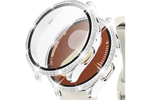 Kamita Diamond Case Compatible with Samsung Galaxy Watch 7 40mm, Glitter Hard PC Bumper Cases with Tempered Glass Screen Protector, Shockproof Bling Protective Cover for Samsung Watch7 (White-Silver)