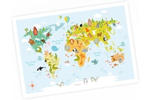 ‎NIKIMA SCHÖNES FÜR KINDER nikima Children's World Map Modern in 3 Sizes A3/A2/A1 Poster Animals Earth Wall Picture Children's Room Beautiful Wall Decoration Continents Cute Animals DIN A1-841 x 594 mm