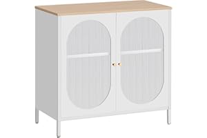 HOMSTEEL Sideboard, Metallschrank mit transluzenten PC Board Türen, Zwei Farbe Griffe, Liquor Schrank mit verstellbaren Regalen für Küche, Esszimmer, Wohnzimmer, Flur, Naturfarben-Weiß
