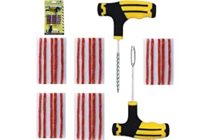 JOIYHY Kit de Réparation Crevaison Voiture, Kit Meche Pneu Voiture, Inclut 25 Bande de réparation de pneus,1 Foret fileté, 1 Foret fourchu,pour Auto, Motos, VTT, Tracteurs