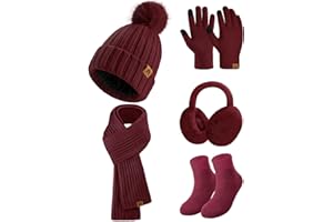 Niwicee Wintermütze Damen Fleece Gefütterte Handschuhe Damen Wärmer Lange Strickmütze Schal Warm Beanie Mütze Ohrenschützer Schal Handschuhe Socken-5 Stück Set Gestrickte Winter Geschenk