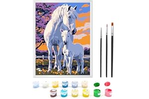 Zimrobin Malen Nach Zahlen ab 5 6 7 Jahre Mädchen und Junge, Malen Nach Zahlen für Kinder mit Rahmen 3 Pinsel und Acrylfarben, 18 X 24cm（Fohlen und seine Mutter