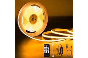 Amdelne COB LED Strip Lights 5m, Dimmable 24V LED Strip Kit with RF Remote and UKCA Power Supply, Super Bright Dotless LED Tape Light CRI90+ for DIY Home Decoration, 1600 LEDs, 8mm Width, Warm White.